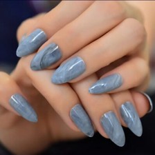 24 Medium Press on nails kit w glue smoky blue gray marble almond