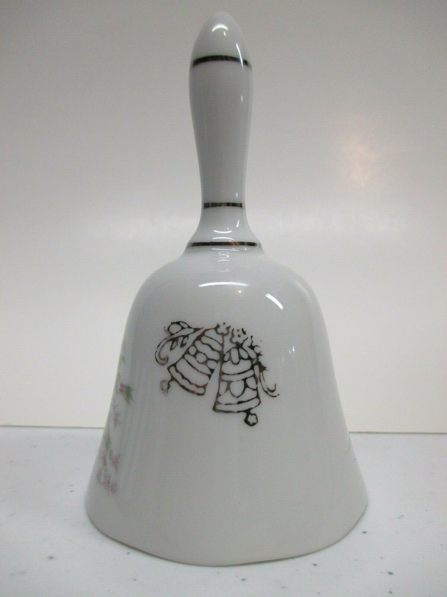 25th ANNIVERSARY Bell, White with Red Rose Floral, Silver Trim