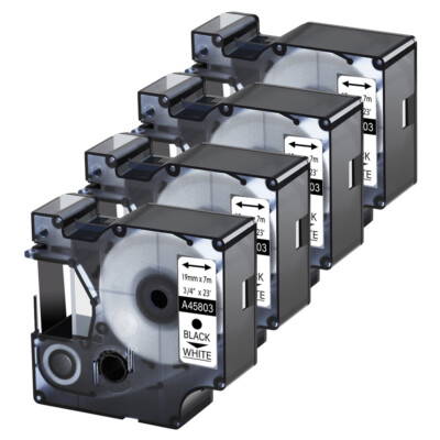 4 PK Black on White Label Tape for DYMO LabelManager PL200 350D 360D 3/4'' 19mm