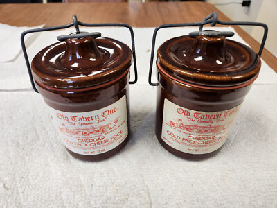 VINTAGE Brown Glaze Cheese  & Butter Crock Jar w/ Locking Wire Bail Lids & label