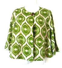 WOMEN'S CHICO'S GREEN ETC PRINT 3/4 SLEEVE 100 LINEN JACKET WITH POCKETS 0 S