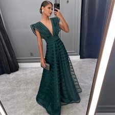 A Line Evening Dresses Deep V Neck Prom Gowns Floor Length Women Party Dress