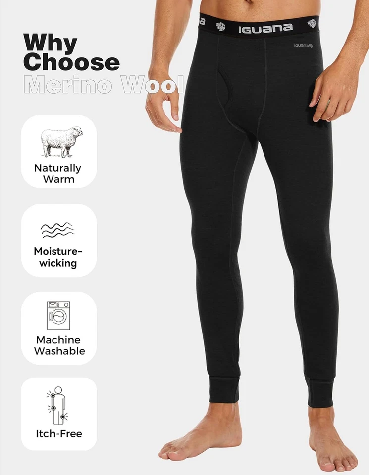 Men's 100% Merino Wool Base Layer Pants Winter Warm Underwear Long Johns Bottom - Image 4 of 4