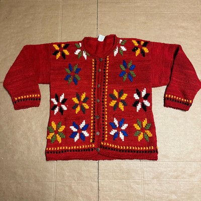 VTG Ecuador Hand Knit 100% Wool Cardigan Red Floral Sweater