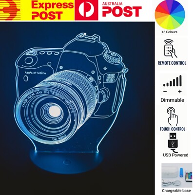 CAMERA 3D Acrylic LED 16 Color Night Light Table Lamp Remote Chargeable Dimmable