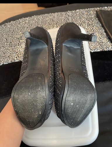 Beautiful 4.5” High Heels, Black Satin With Rhinestones, Size 8 - Picture 3 of 3