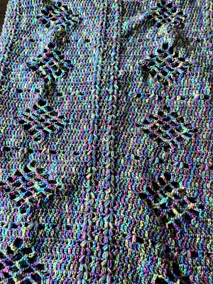 Handmade Crocheted Multicolored Lacy Diamond Pattern Afghan 48  x 68 