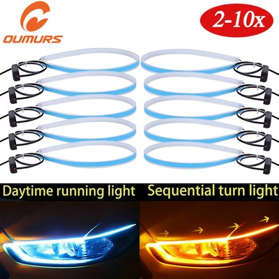 2 x 6000K LED DRL Light Amber Sequential Flexible Turn Signal Strip Headlight