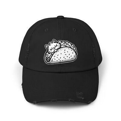 Unisex Distressed Hat Cat in A Cozy Taco Bed Doodle Black White Charming Dad Cap