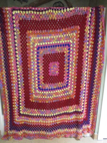Vintage Crochet Grannycore Rainbow Squares Afghan Throw Blanket 58"x88" Inches