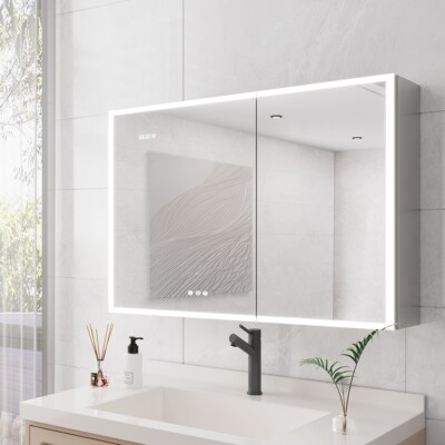 Bathroom Medicine Cabinet with Mirror LED Defogger Dimmer Clock Temp Display