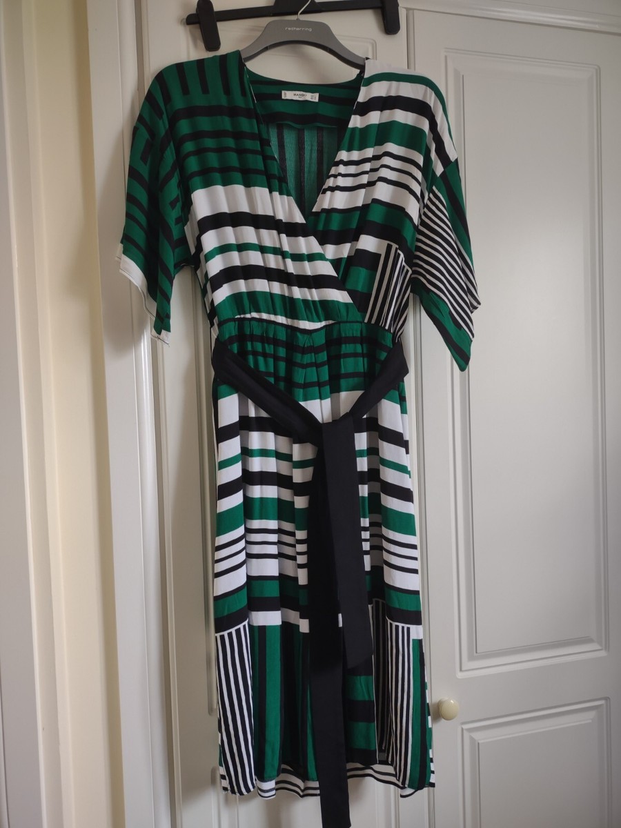 Mango Green Striped Belted Dress - Size L Mango Green Striped Belted Dress - Size L