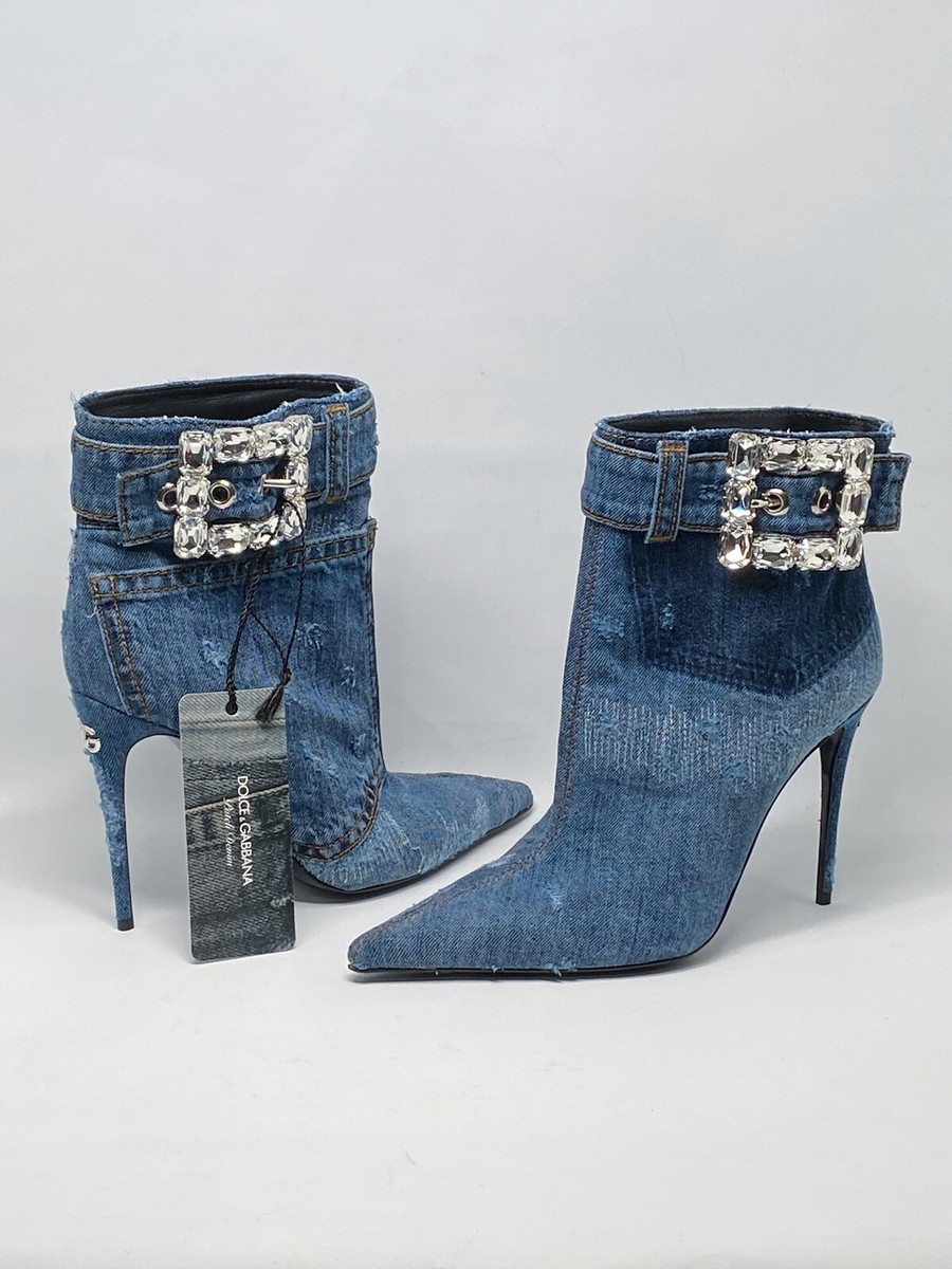 DOLCE & GABBANA Patchwork denim ankle boots with rhinestone
