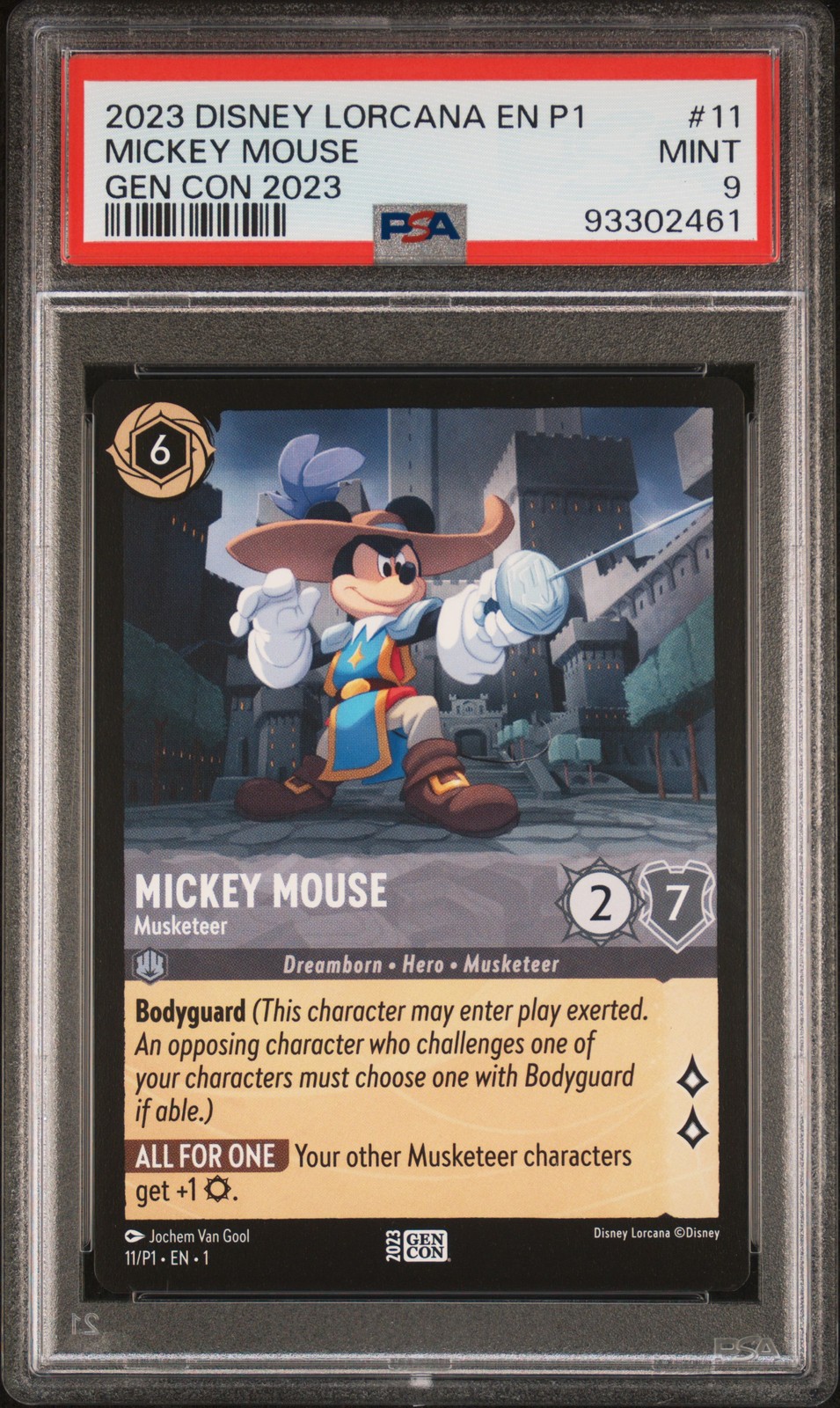 2023 DISNEY LORCANA EN P1-PROMO GEN CON 2023 #11 MICKEY MOUSE - MUSKETEER PSA 9