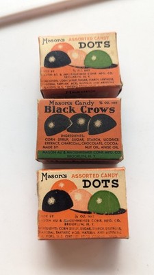 3 Antique 1930s Mason's Candy Black Crows Vintage Licorice Dots Box Brooklyn, NY