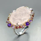 Carving 28 ct Natural Rose Quartz Ring 925 Sterling Silver Size 8.5 /R471332
