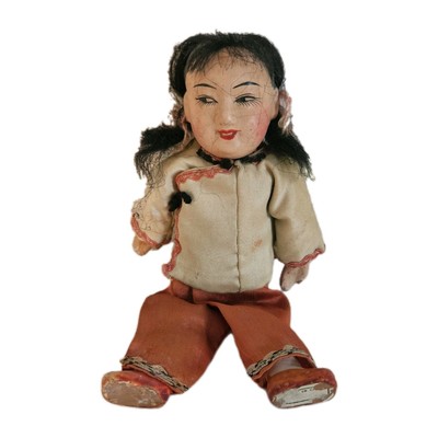Vintage chinesische asiatische Puppe Stoffkörper handbemalt Komposition Kopf Seidenkleidung 7 Zoll