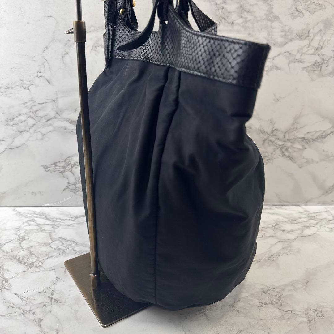 BALLY Nylon Python Embossed Leather Tote Bag Blac… - image 8