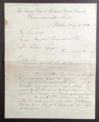 1904 London City & Midland Bank Hammersmith Filiale Manuskript Brief re Wäsche