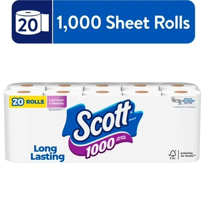 Scott 1000 Toilet Paper, 20 Rolls, 1,000 Sheets Per Roll FREE SHIPPING