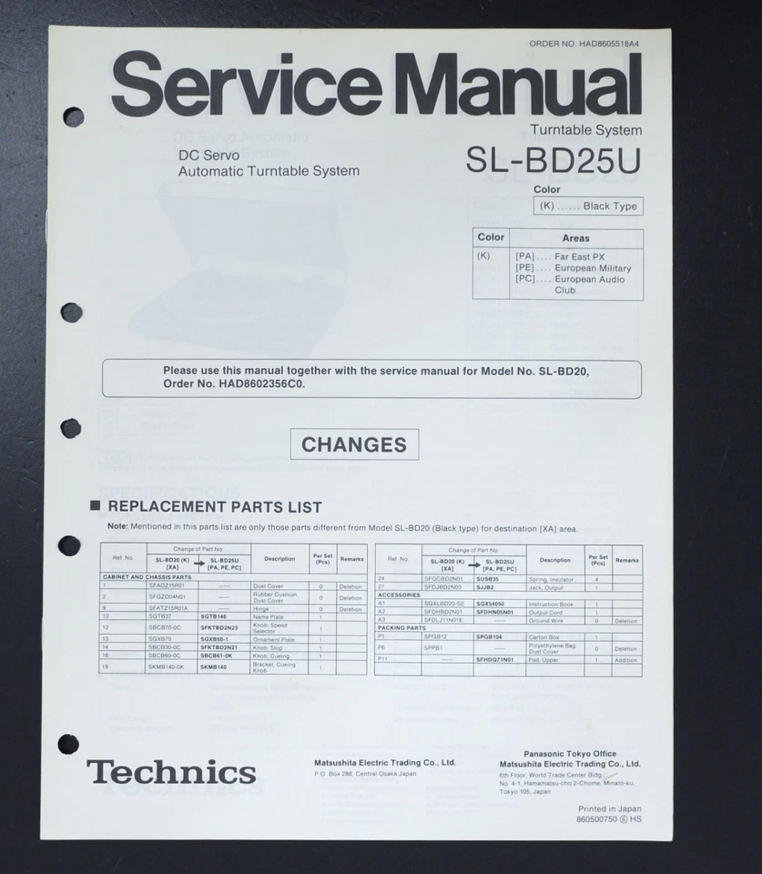 Original Service Manual für TECHNICS SL-BD25U Plattenspieler/Turntable S22 - Bild 1 von 1