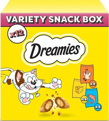 DREAMIES Katzensnacks Variety Box Huhn Käse Lachs 12x60g Knusprige Leckerlies