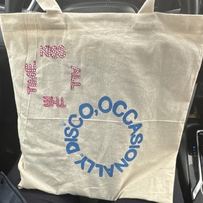 Beige Tote Bag with Harry styles text and Rhinestone Studded Accents