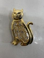 Cat Pin, Gold Tone Cat Brooch Openwork, Rhinestone Cat Pin, Cat Lover Gift