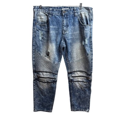 Smoke Rise | Mens Jeans 40x32 | Blue Acid Wash Distress Moto Zipper Biker Denim