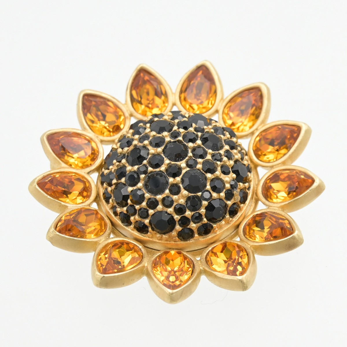 Swarovski Signed Large Crystal Sunflower Brooch Pin Orange / Black Gold Tone View 2