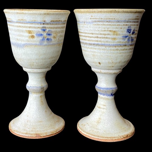 Studio Art Pottery Goblets Renaissance Chalices Stoneware White Blue Signed 2 - Picture 4 of 12