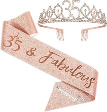 35th Birthday Sash and Tiara for Women, Rose Gold Crown 35 ...