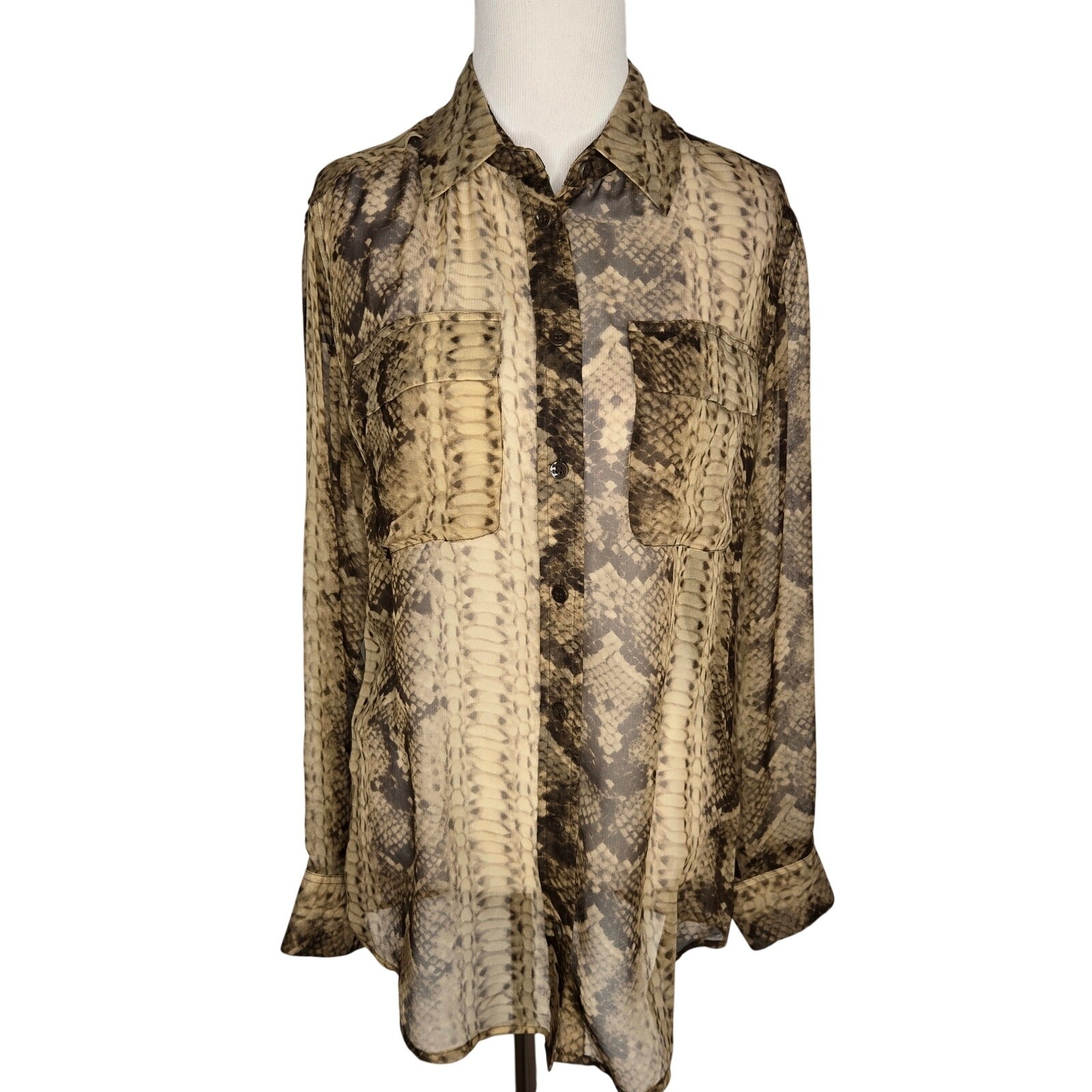 Women Silk Snakeskin Blouse Neutrals Sheer Lightweight Relax
