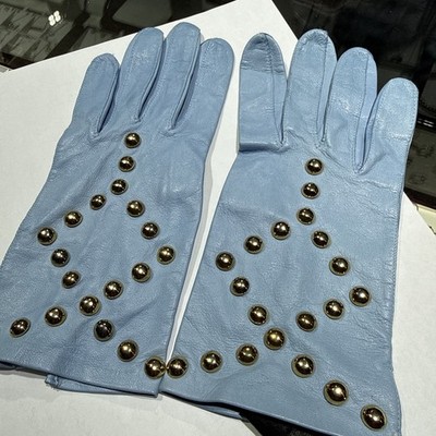 Vintage Escada Baby Blue Leather Gloves Gem Studs sz 5 NWT