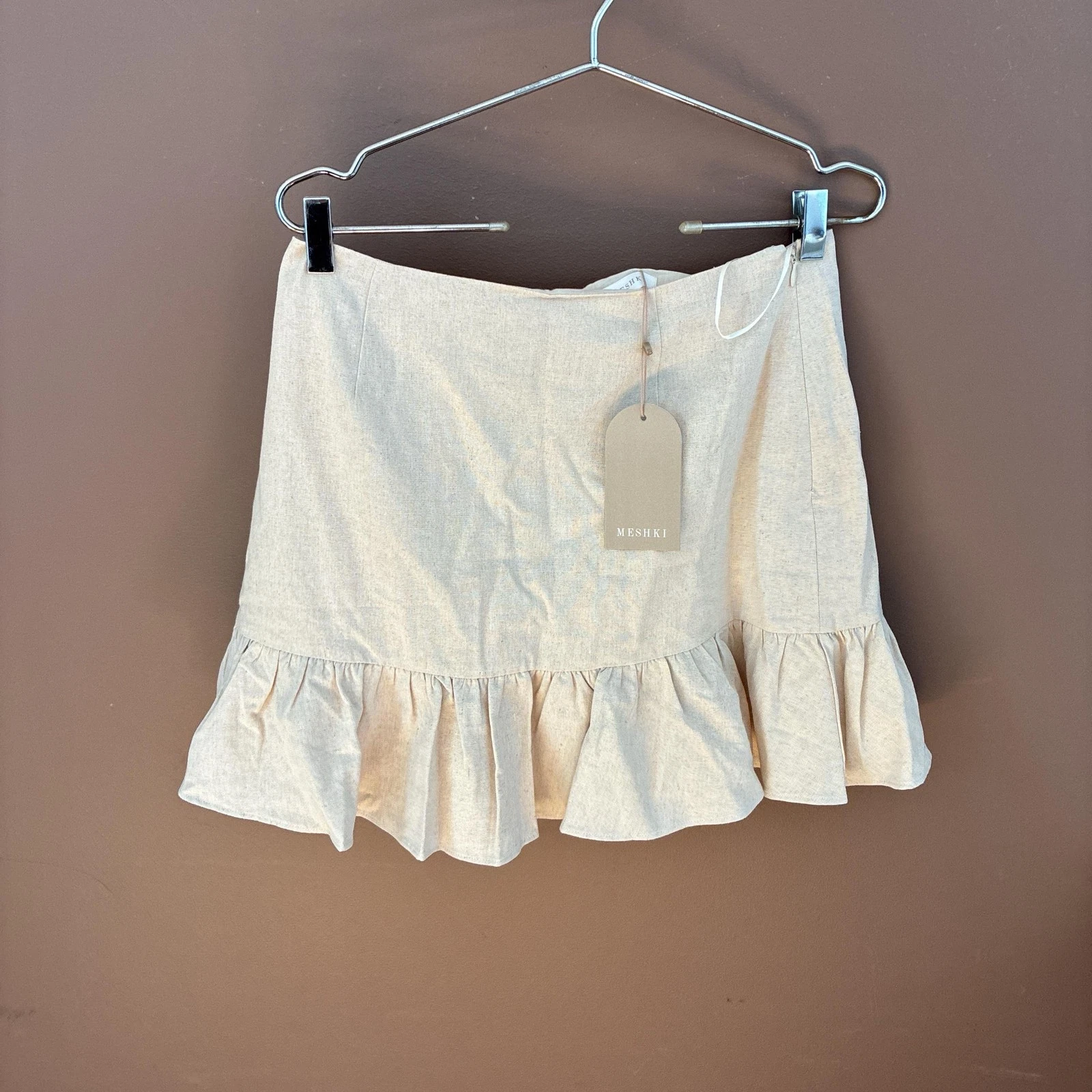 Meshki Skirt Womens Medium Beige Delfina Linen Mini Ruffle Hem Summer Party