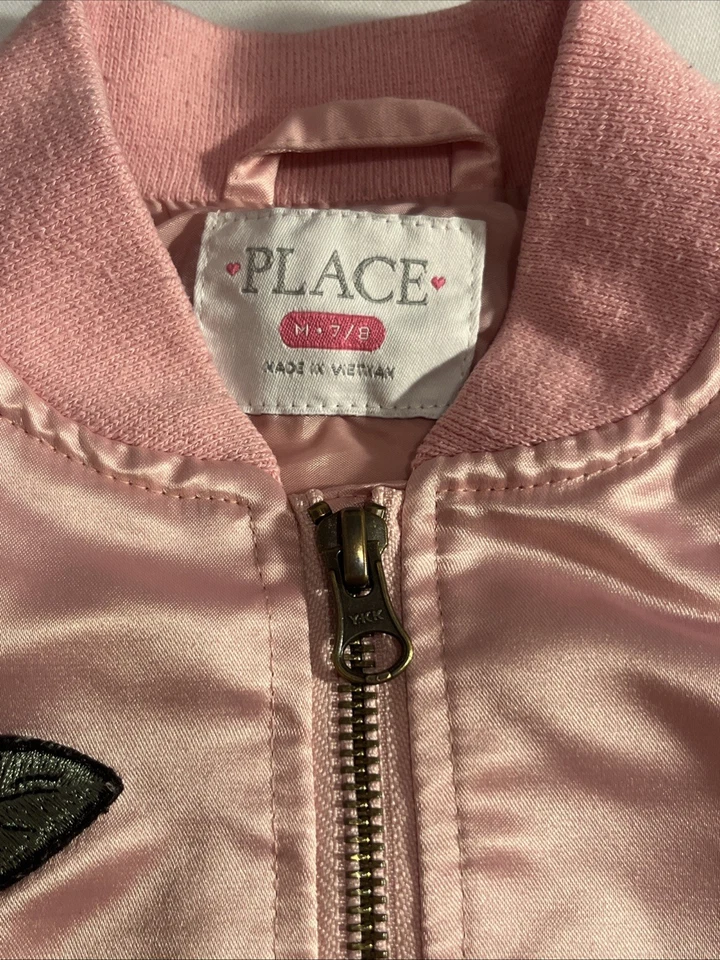 Children's Place Girl's Pink Satin Bomber Jacket, Power Rose, Size M 7/8 - Image 2 of 4