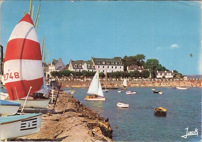 Chrome Postcard Locquirec France Beach And Harbor Sailboats
