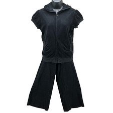 Juicy Couture Terry Sweatsuit Womens XL Black Full Zip Jacket Crop Pant Hooded