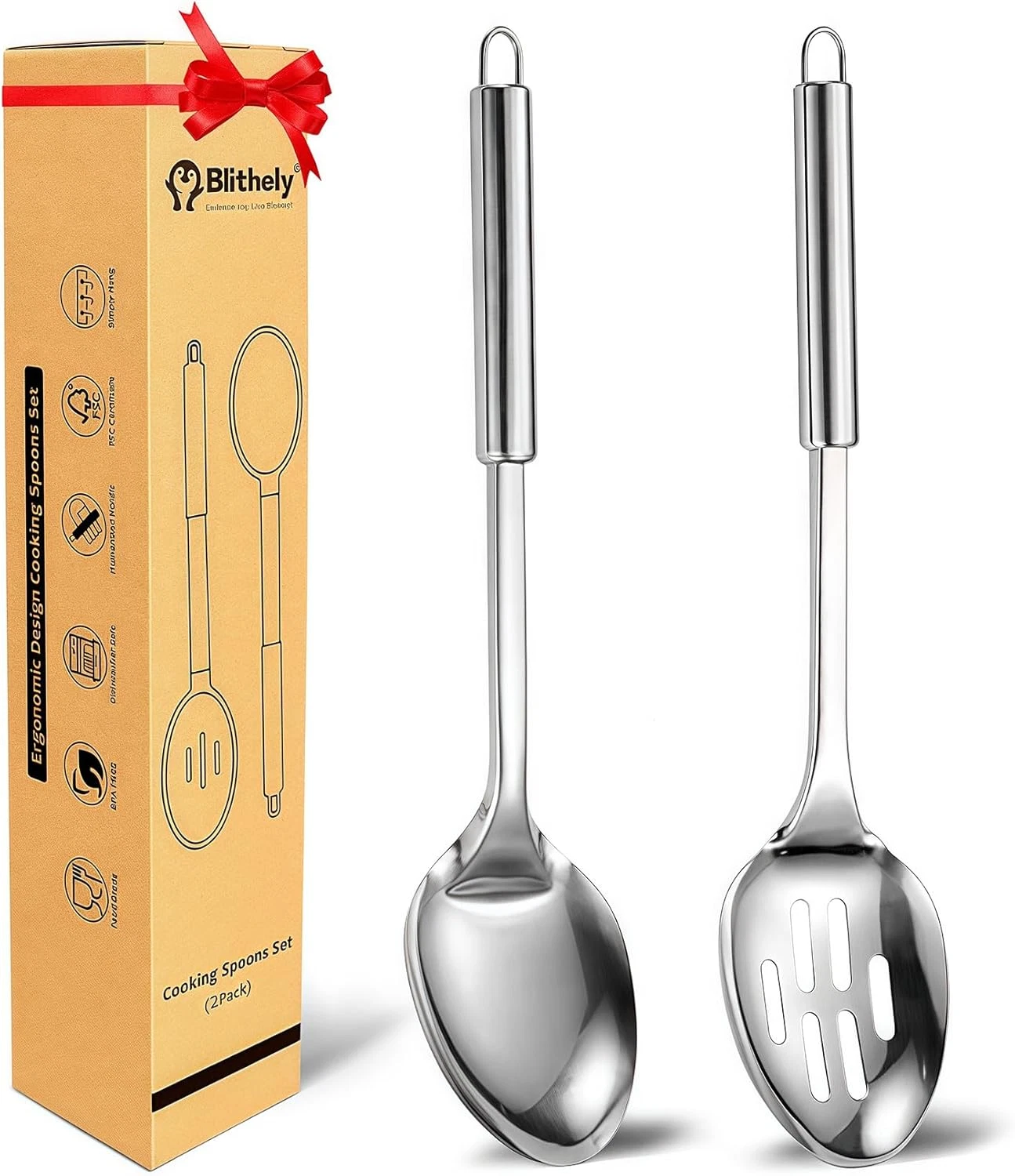 Large Cooking Spoon Set, 2 Pack Stainless Steel Serving & Slotted Spoons