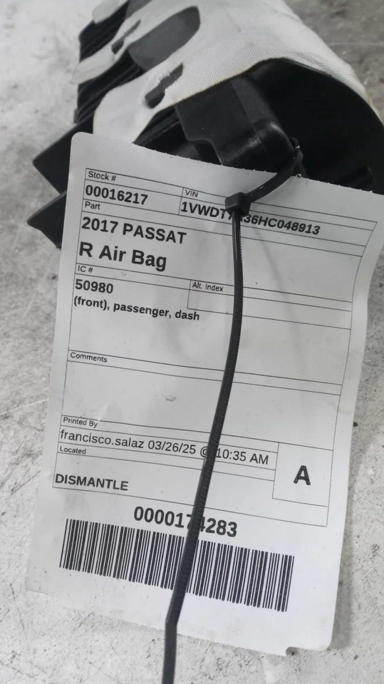 2017 Volkswagen Passat Instrument Panel Air Bag Right White 96K Miles Used Foto 4 de 4