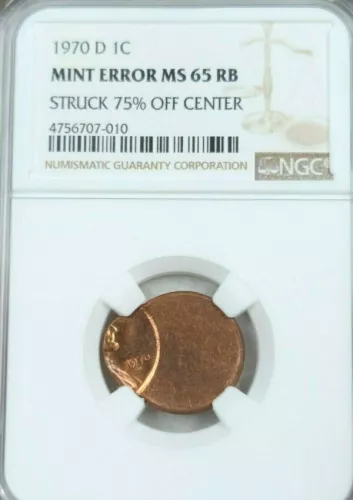 1970 D LINCOLN CENT 1C NGC MS 65 RB MINT ERROR STRUCK 75% OFF CENTER GEM BU !!!
