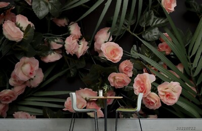 3D Pink Rose Green Leaves Plant Wallpaper Wall Murals Removable Wallpaper