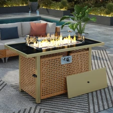 43" Propane Gas Fire Pit Table, 60000 BTU Rectangular Open Weave Wicker Fire Pit