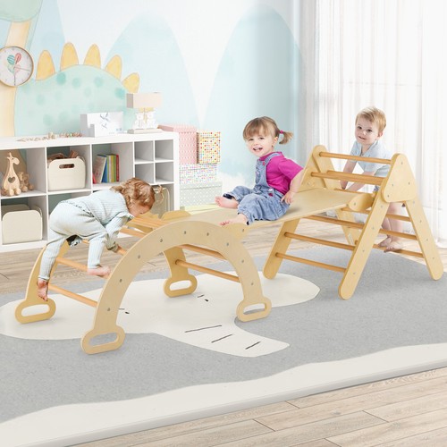 Kids 3-in-1 Climber Set Toddler Wooden Play Arch w/ Sliding and Climbing Ramp