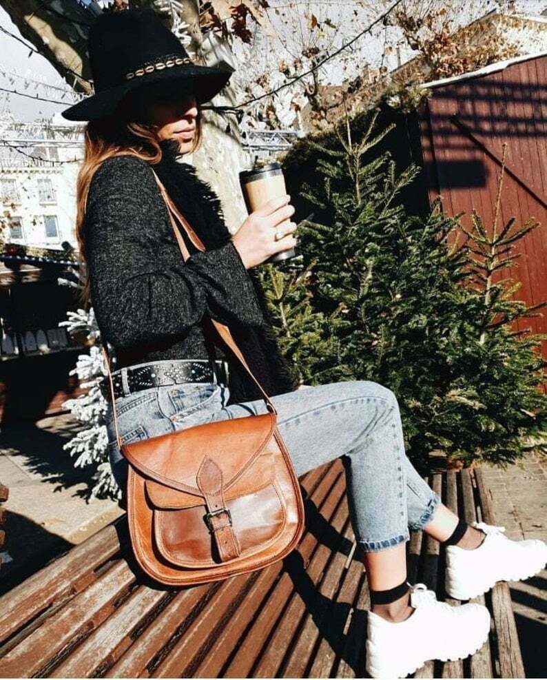 Bolso bandolera de cuero vintage mediano de 9 pulgadas para mujer