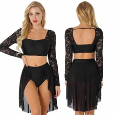 iixpin Womens 2-Piece Lace Asymmetri Lyrical Dance Crop Top Briefs Dress AU