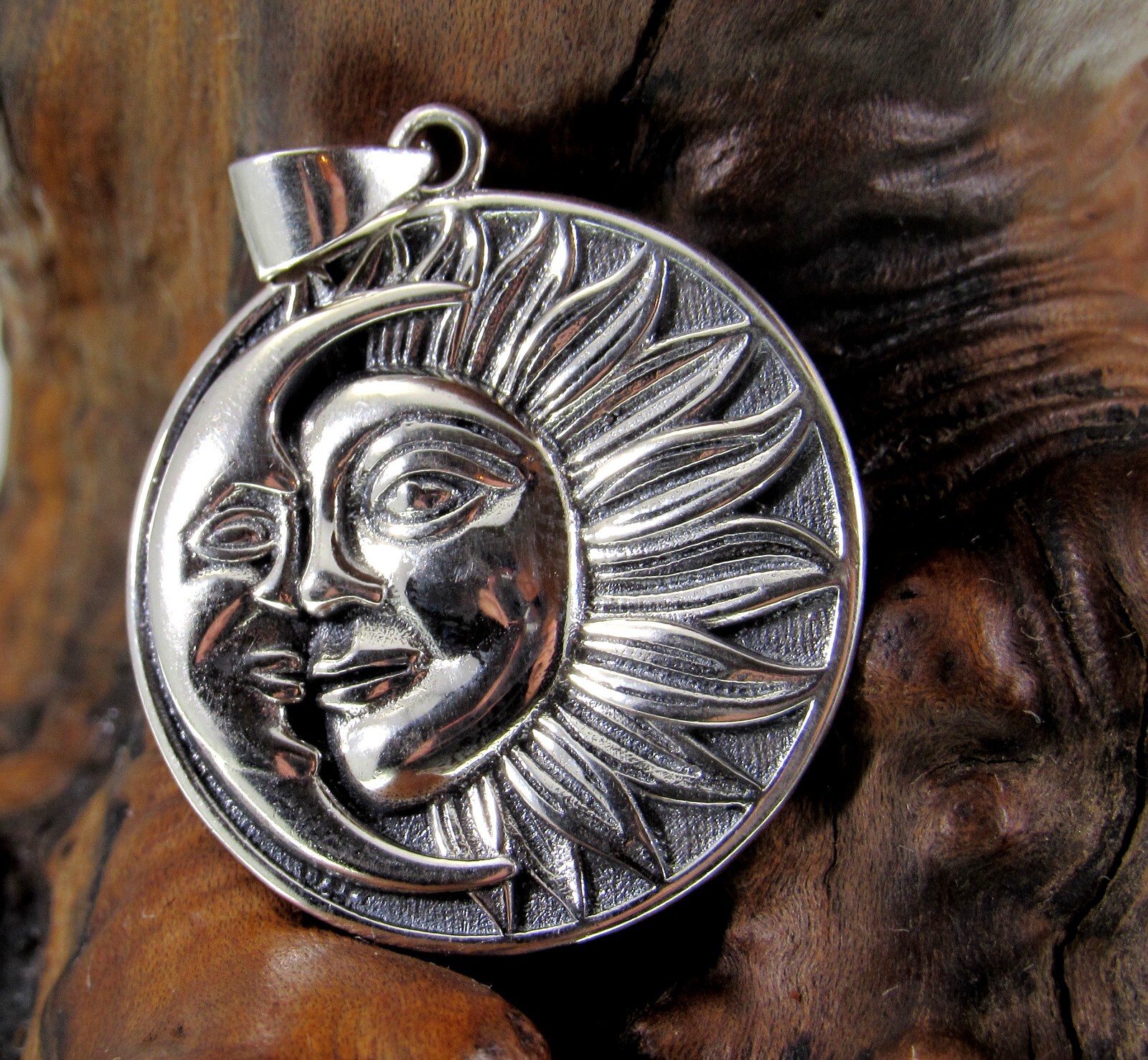 Handcrafted Solid 925 Sterling Silver Crescent Moon & Sun w/Faces ...