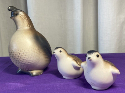 Vintage Hagen Renaker California Ceramic Male Quail Bird Figurine & 2 Babies