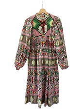 FARM RIO Midi Dress MultiColor Print LongSleeve Beaded Tassels Linen M