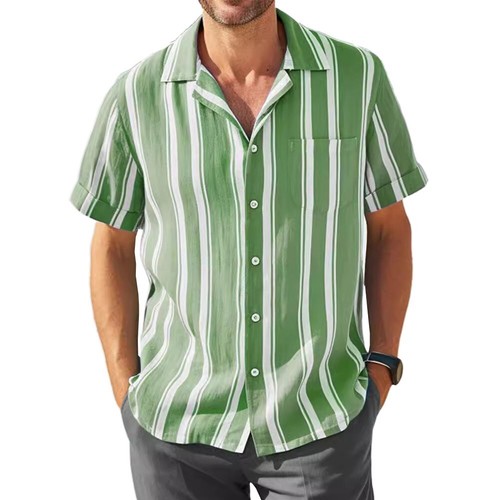 Camisa suelta informal a rayas de verano con solapa de manga corta para hombre Vestido básico Blusa Prenda para el torso - Imagen 6 de 25
